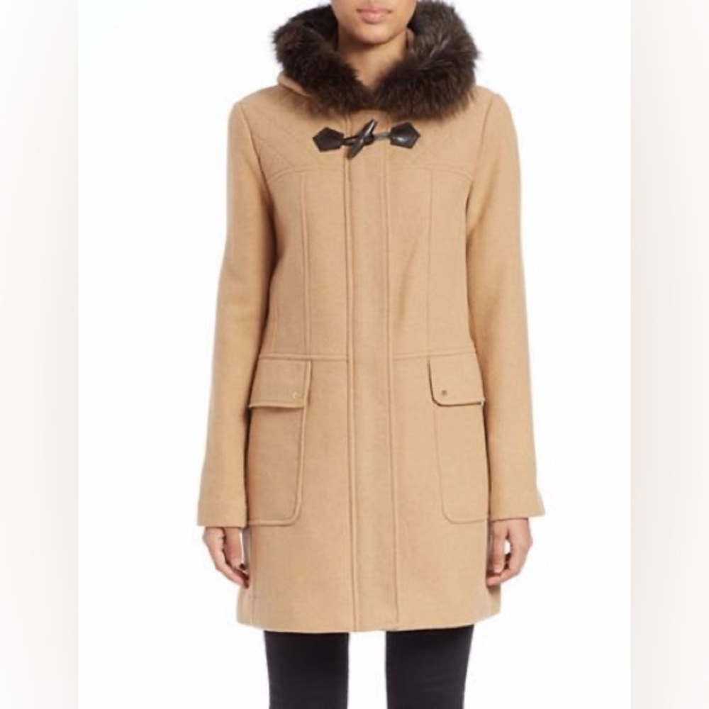 Ellen Tracy Camel Genuine Blue Fox Fur Trimmed Hood Lined Wool Toggle Coat,Sz 6